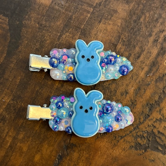 Handmade Blue *PEEP* Bunny Rhinestone Hair Clips Set | Easter Kids Barrettes - Picture 3 of 3